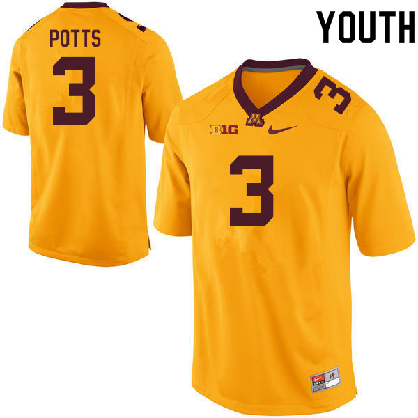 Youth #3 Trey Potts Minnesota Golden Gophers College Football Jerseys Sale-Gold - Click Image to Close